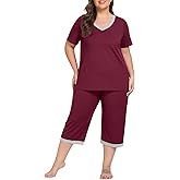 OLRIK Women's Capri Pajama Sets Plus Size Cute Floral Pjs Short Sleeve Tops and Pants Lounge Sets with Pockets (1X-5X)