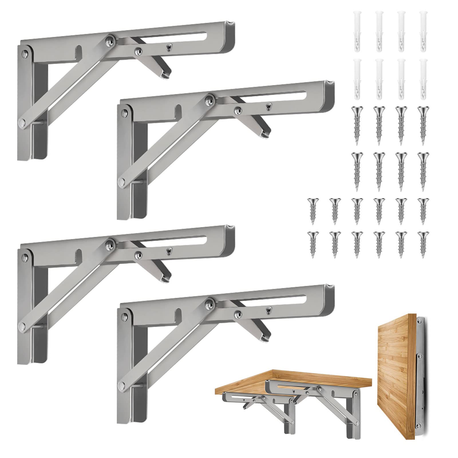Pack of 4 Wall Folding Console Stainless Steel Folding Consoles, Wall Mounted Floating Table Holder, Heavy Duty Console Shelf Brackets, Shelf Brackets, Angle Brackets, Space-Saving DIY Bracket, Load