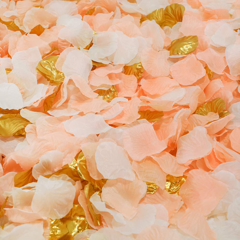 Silk Flower Petals Perfect Peach Mix Artificial Rose Petals Wedding Confetti Party Decoration Scatter Floral 1200 Pieces (Peach, Cream, Gold)