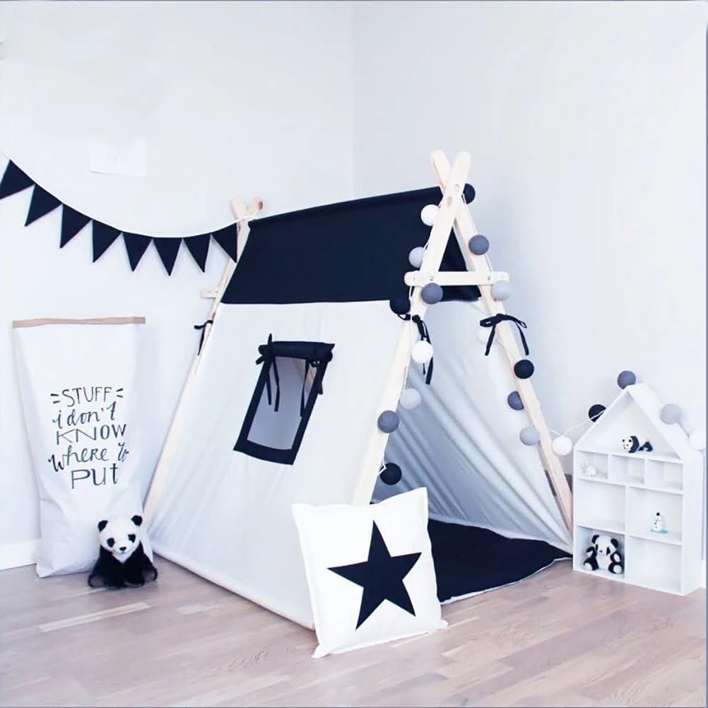 Sunny@black and white square design 100% Cotton Canvas Indian Teepee Kids Play Tent for Children Playhouse with mat and cushions