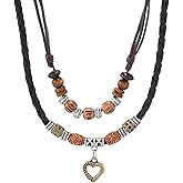 HETICA Western Layered Boho Wood Beads Choker Necklace Luck Copper Coins Heart Shaped Flower Braided Necklace Retro Fashion Adjustable Hemp Cords Wood Beads Beaded Choker Necklace for Women