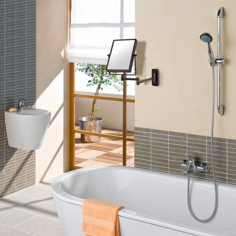 Qimh Wall Mounted Makeup Vanity Mirror, 8x6 Inch Rectangular 3X Magnifying with Extendable Arm, Bronze Double-Sided Swivel Mirror: Furniture & Decor