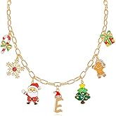 NEKOL Christmas Initial Letter-E Charm Necklace for Women, Candy Canes Snowflakes Santa Claus Christmas Tree Gingerbread Man Gift Box Colorful Holiday Charms Necklace for Personalized Christmas Gifts