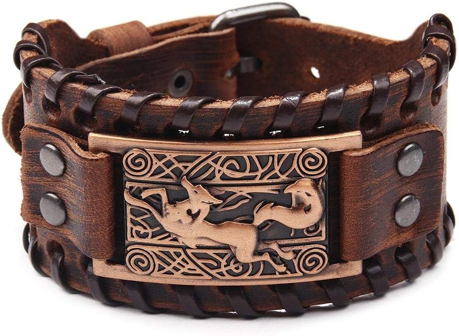 HYXHX Mens Leather Bangle - Viking Sleipnir Odin's Eight-Legged Stallion Amulet, Wide Cuff Wristband Adjustable Bracelet, Norse Celtic Pagan Talisman Jewelry