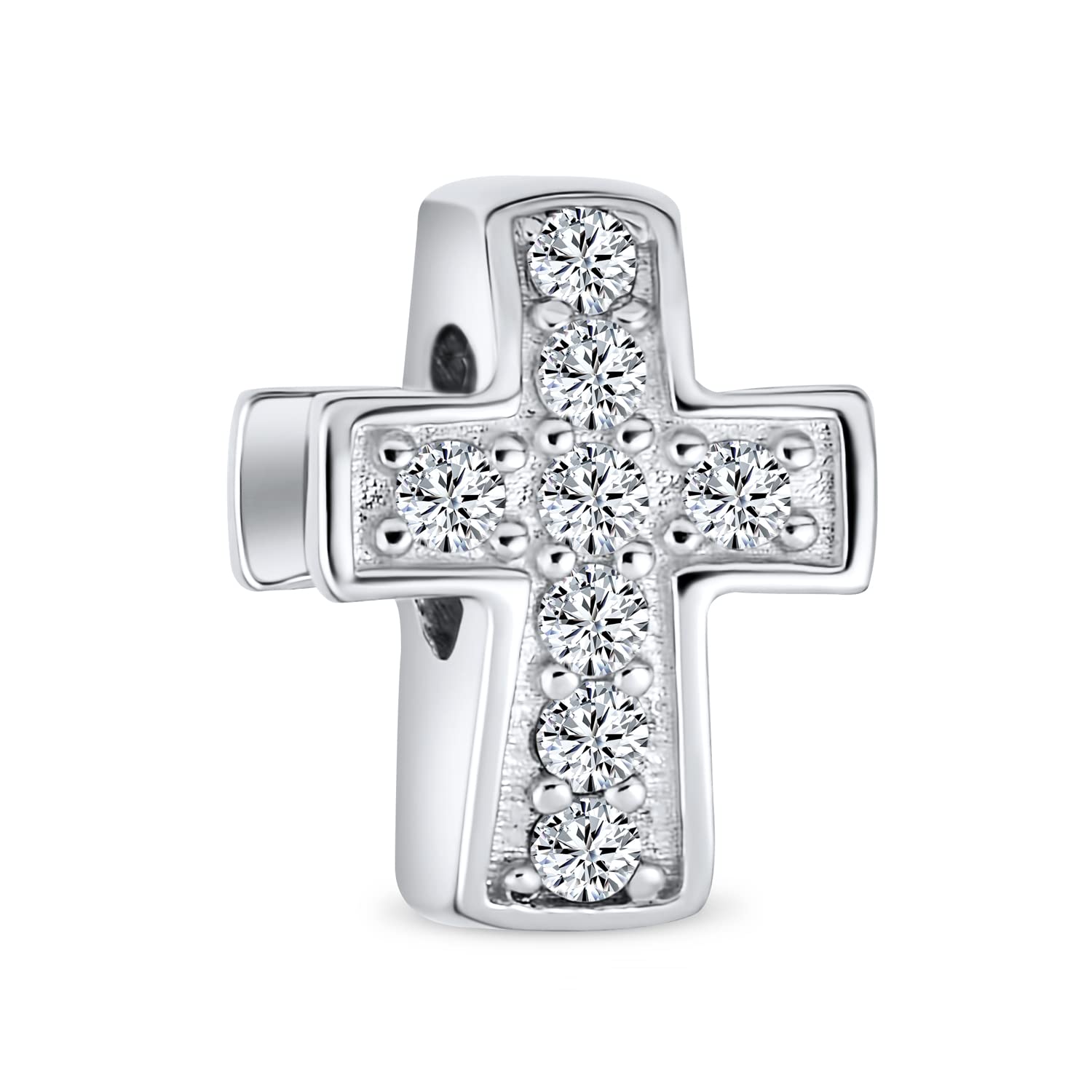 Bling Jewelry Simple Sparkling Spiritual Religious Clear Pave CZ Cross Charm Bead For Women Teen Communion, Weddings .925 Sterling Silver Fits European Bracelet