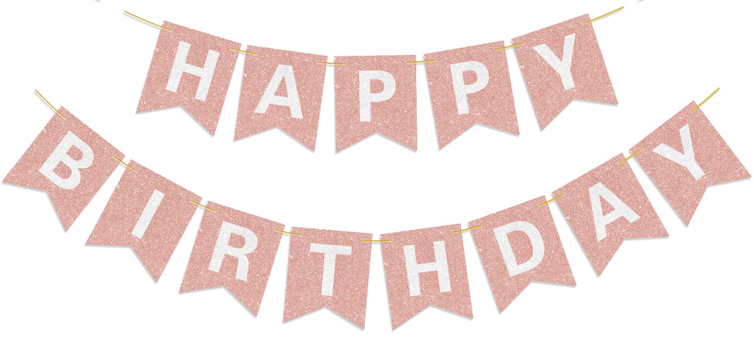 Pre-Strung Happy Birthday Banner - NO DIY - with Shiny Letters Glitter Happy Birthday Banner for Rose Gold Birthday Party Decorations and Supplies