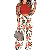 2 Piece Outfits for Women Short Sleeve Crop Top High Waist Wide Leg Long Pant Sets Tracksuit Sport Set