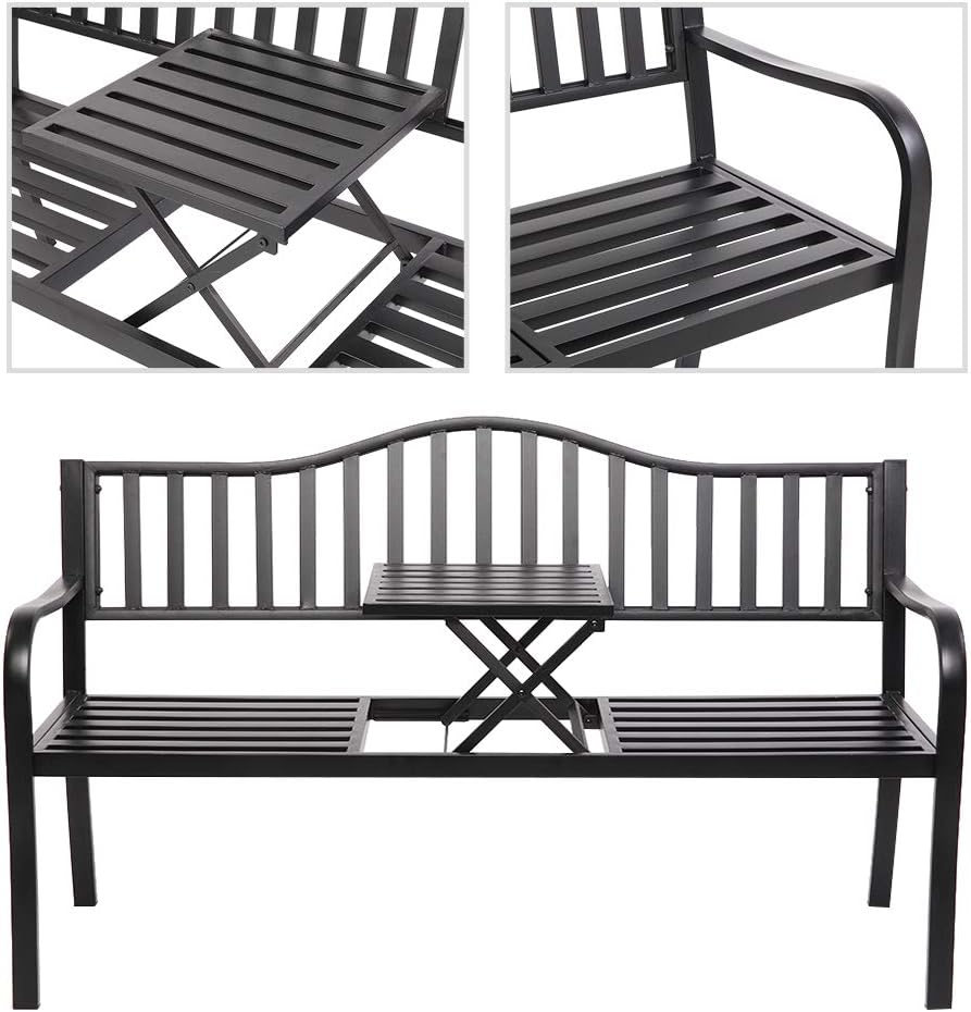 VINGLI 59" Patio Garden Bench Table Outdoor Metal Park Benches,Cast Iron Steel Frame Chair Porch Path Yard Lawn Decor Deck: Kitchen & Dining