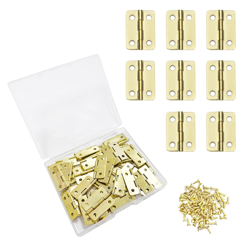 Borsgye 50PCS Retro Antique Brass Mini Folding Hinges with Screws for Wooden Case Chest Round Corner Yellow 25x18 mm
