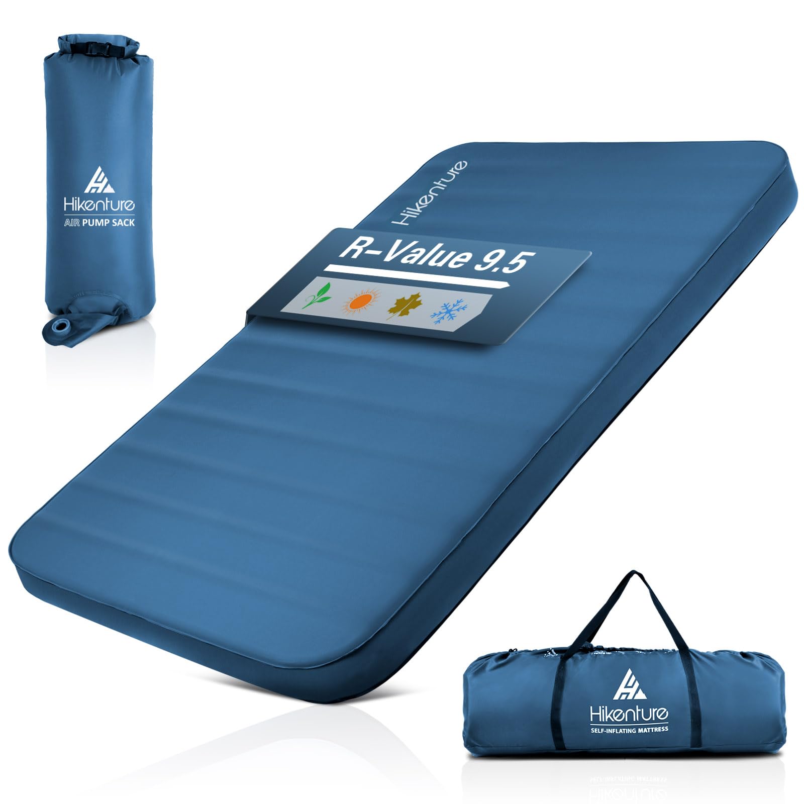 Hikenture 4 INCH Thick Self Inflating Sleeping Pad 9.5 R Value, Comfort Plus Camping Mattress with Pump Sack, Inflatable Foam Insulated Camping Pad, Camping Mat 4-Season (Light Blue, Double (80"×52")) Image