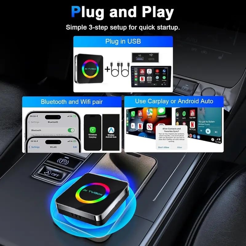 Q2D AIBox 2+16GB Adaptador Inalámbrico CarPlay y Android Auto WiFi 6 Compatible con Vehículos con CarPlay Original Reproduce Youtube y Netflix