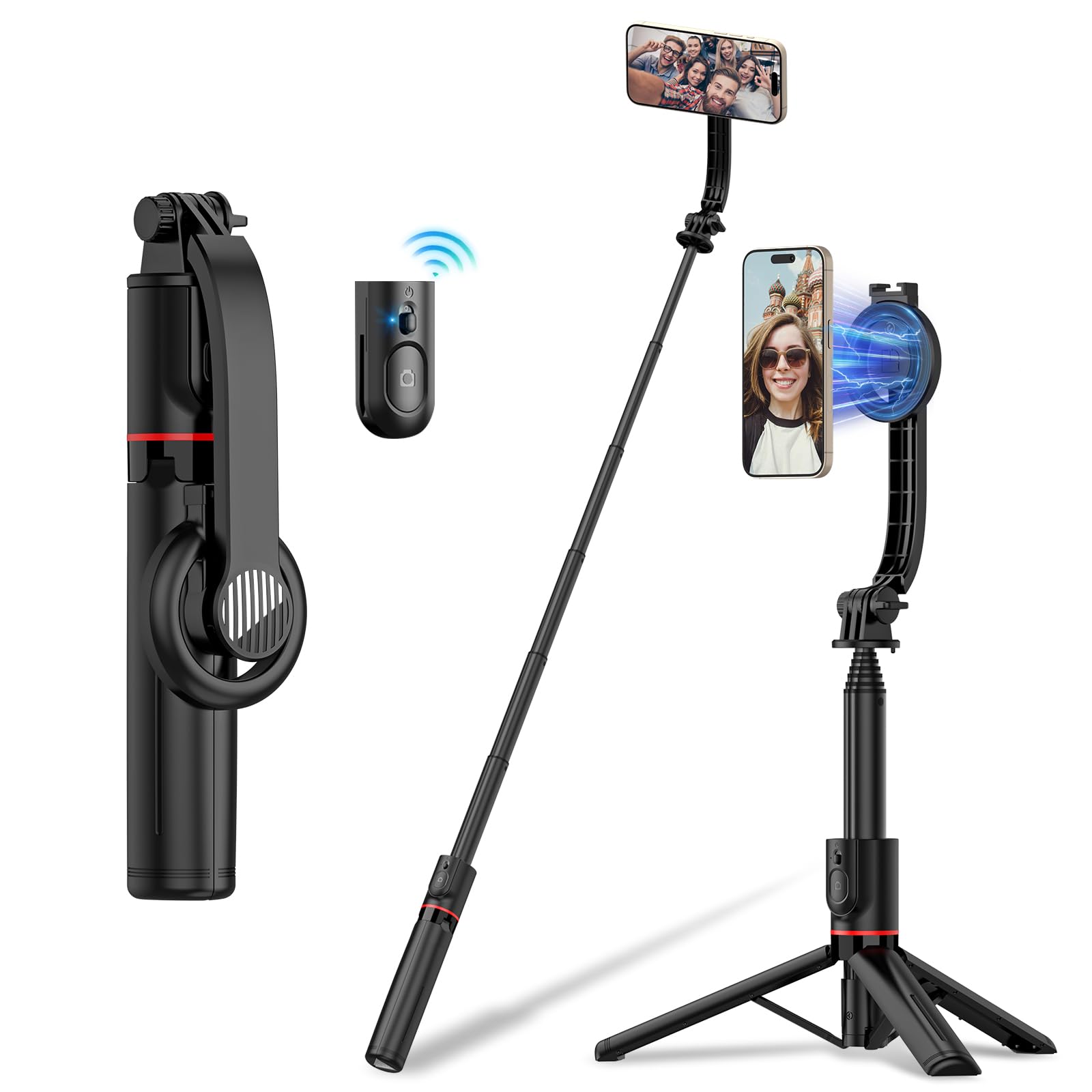 Selfie Stick for iphone, OneNine Selfie Stick Tripods Compatible with MagSafe, 41” Extendable Magnetic Selfie Stick Tripod with Bluetooth Remote, Tripod for iphone 16 15 14 13 12 Pro Max
