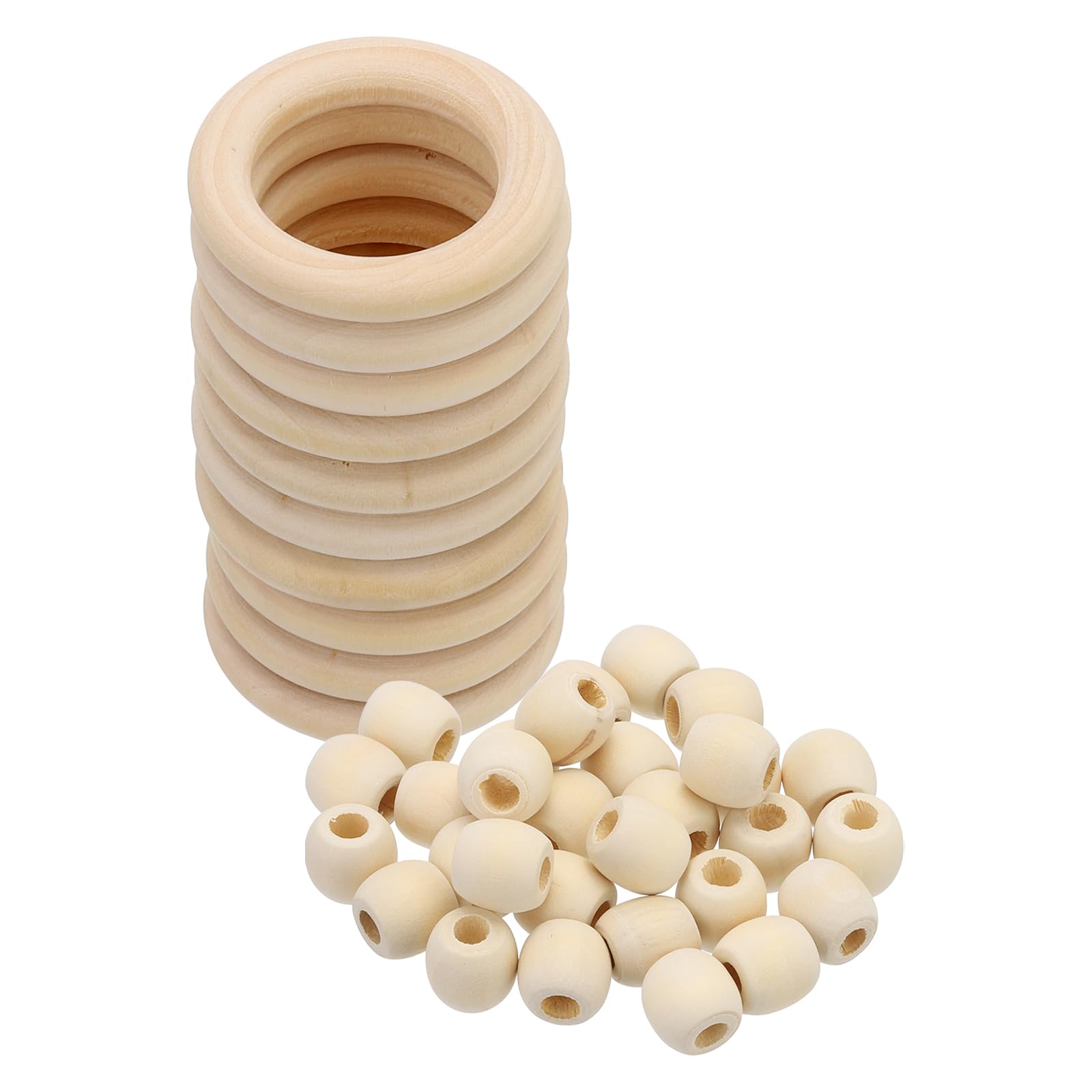 PATIKIL Natural Wood Rings and Unfinished Wooden Beads Set, 10Pcs 40mm Wood Hoop & 30Pcs 17mm Wood Color Round Loose Beads for DIY Pendant Connectors Jewelry Making Macrame Wall