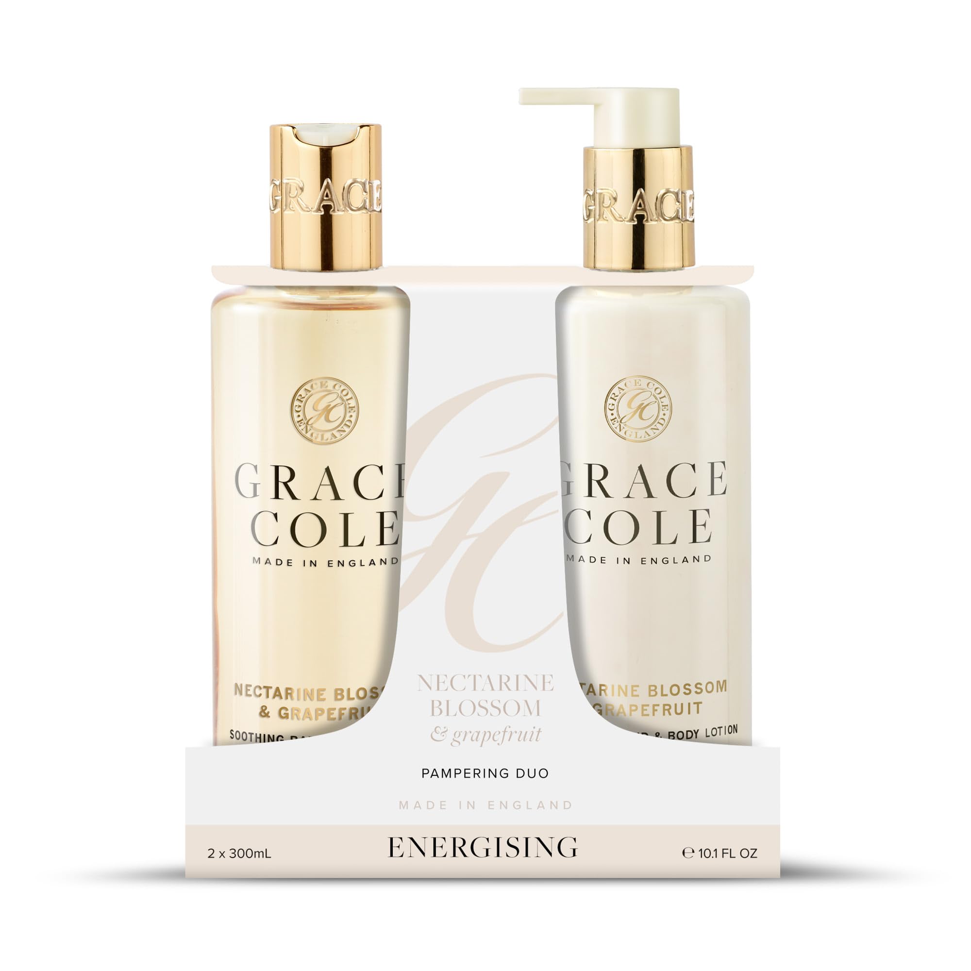 Grace Cole Nectarine Blossom & Grapefruit Scented Body Care Duo Gift Set 1 x Bath & Shower Gel 300ml, 1 x Hand & Body Lotion 300ml - Essential Oils - Vegan - Made In England