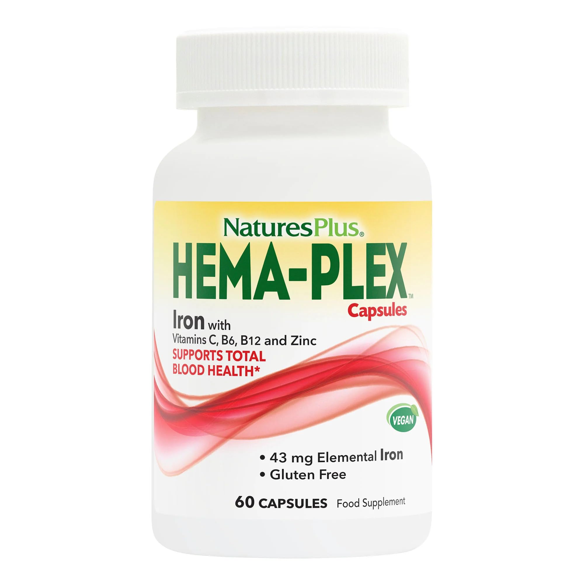 NaturesPlus Hema Plex Capsules - Gentle, Fast Acting Iron Capsules with Vitamin C, Methyl B12, Folate - Blood Health and Energy Support - Vegan, Gluten Free - 60 Capsules