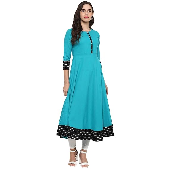 Womens Cotton Printed Anarkali Kurta(Firozi)