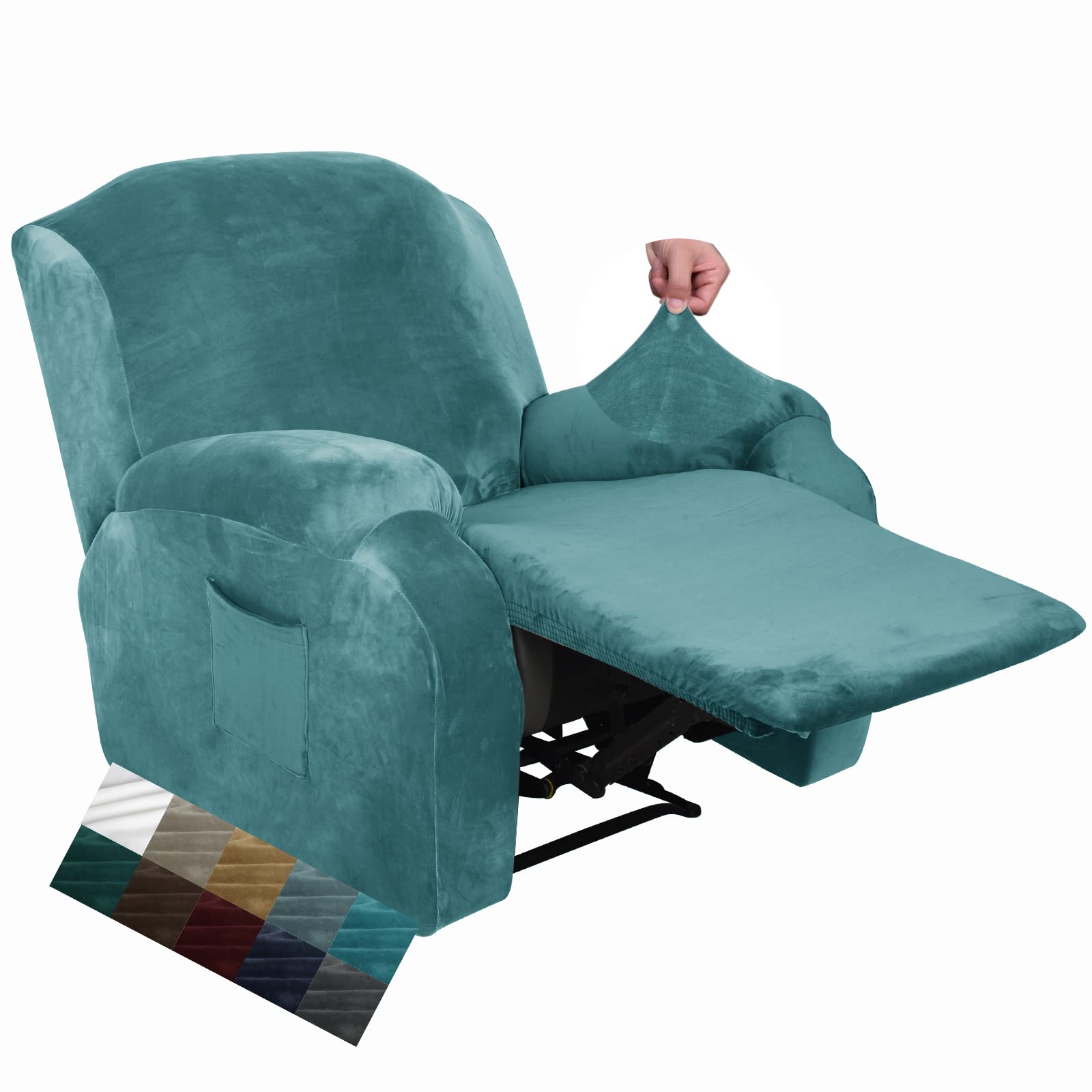 CHELZEN Velvet 4 Piece Recliner Cover Stretch Soft Cover for Recliner Chair Thick Soft Recliner Chair Slipcover (Recliner, Peacock Blue)