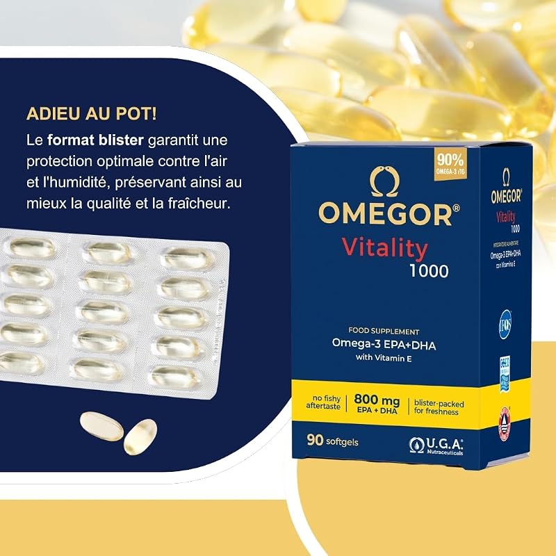 Vitality 1000 – Complément de 1000 mg d'oméga 3 - vitamine E - Pour le coeur et le cerveau - Concentration en oméga 3 de 90% - Certificat IFOS 5 étoiles - Huile de poisson pure - 90 gélules