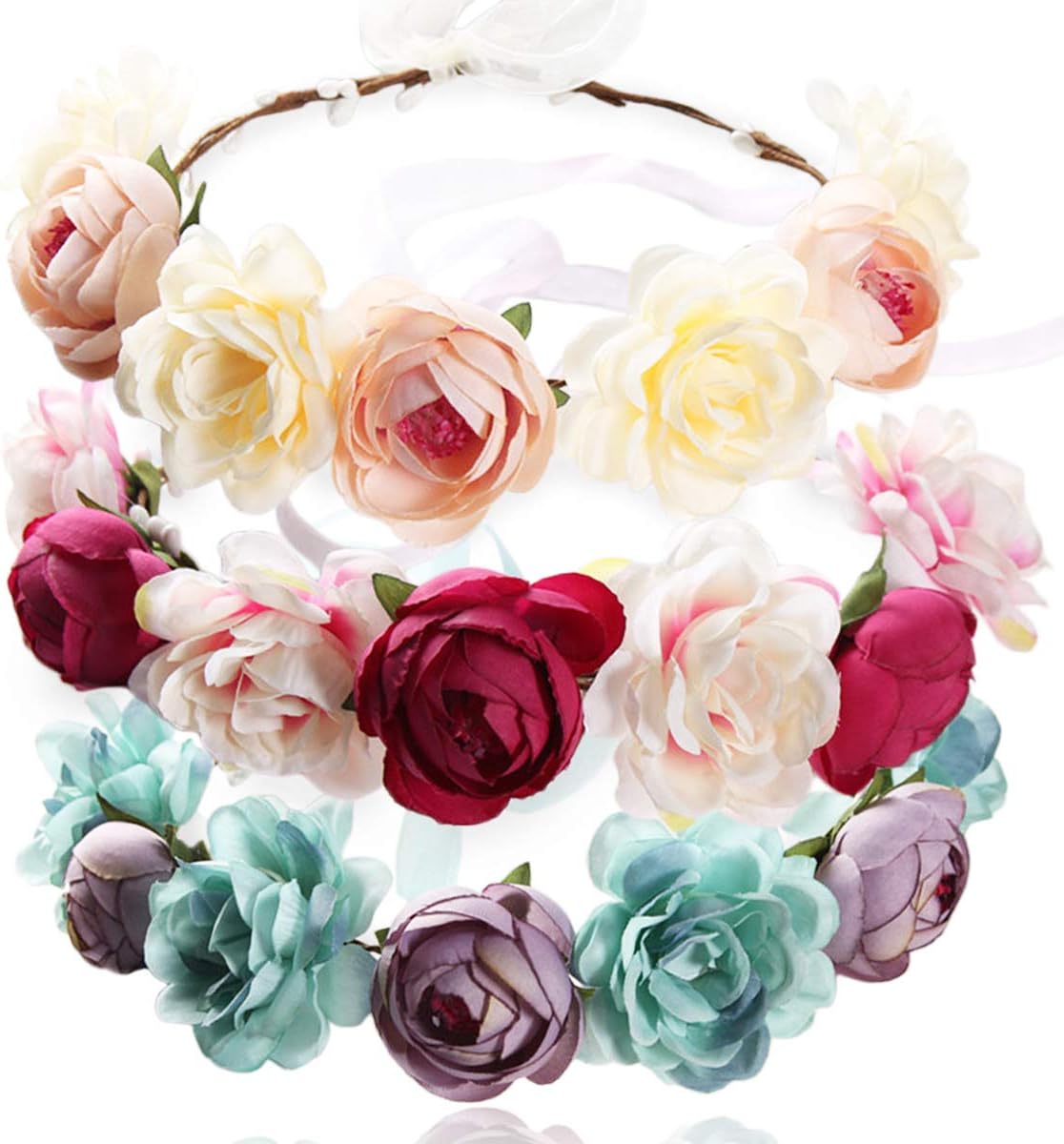 REKYO 3PCS Handmade Flower Headband Floral Crown, Bridal Hair Wreath Wedding Halo Floral Garland Headbands HeadpieceadjustableBlue+pink+khaki
