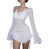 GORGLITTER Women's One Shoulder Swimsuit Coverups Dress Bell Long Sleeve Drawstring Beach Vacation Summer Dresses 2025