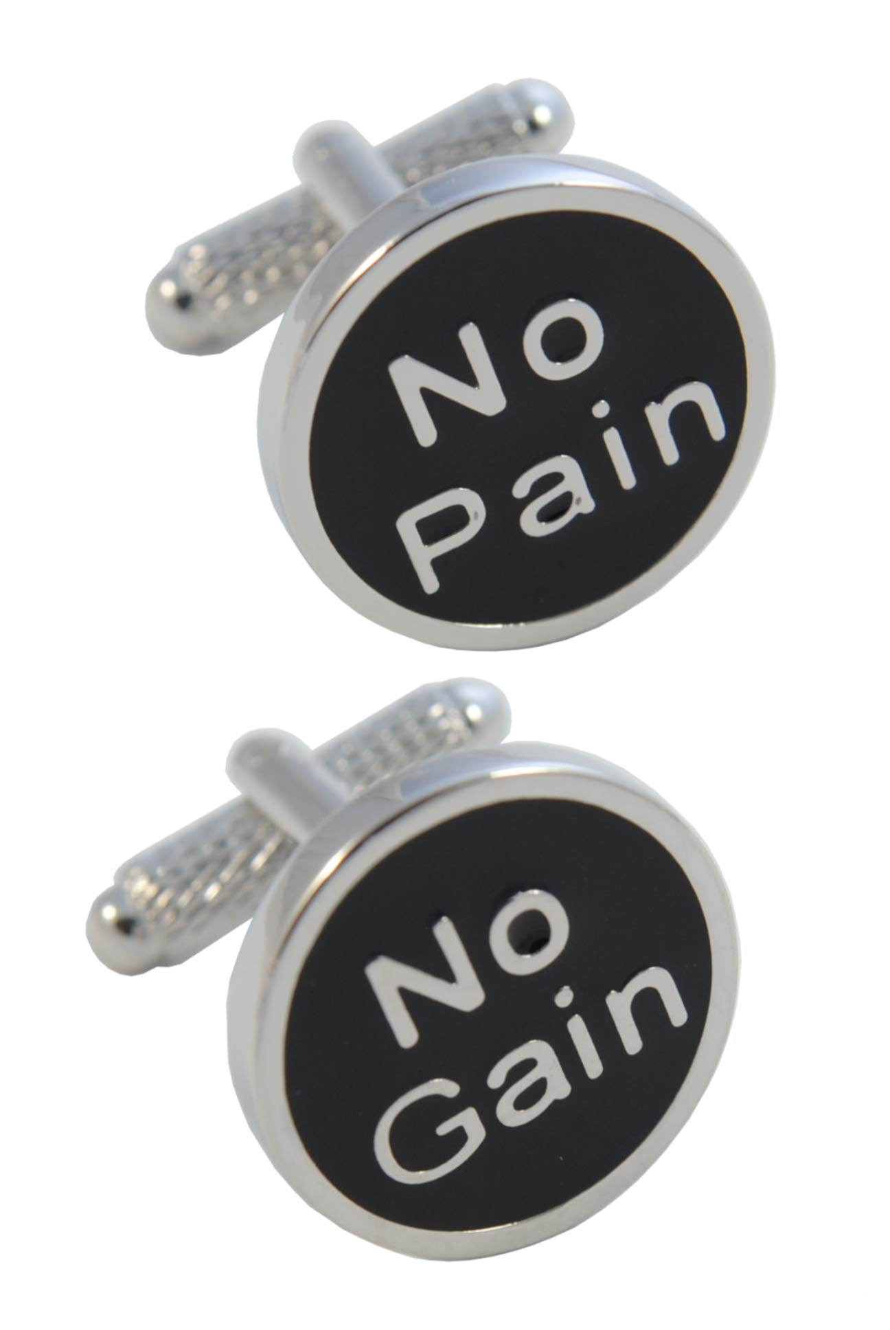 Cufflinks for Men + Presentation Box - Funny - No Pain No Gain - Brass Metal - Sport Workout Gym Running - Silver and Black Colours - One Pair