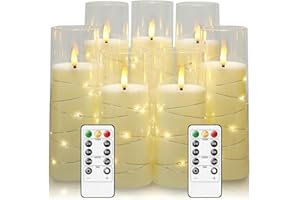 Eebuss Flameless Candles with Embedded Star String, Battery Operated LED Pillar Candles with Timer and Remote Control,Home Decorating for Ambiance， Set of 7(Ivory)