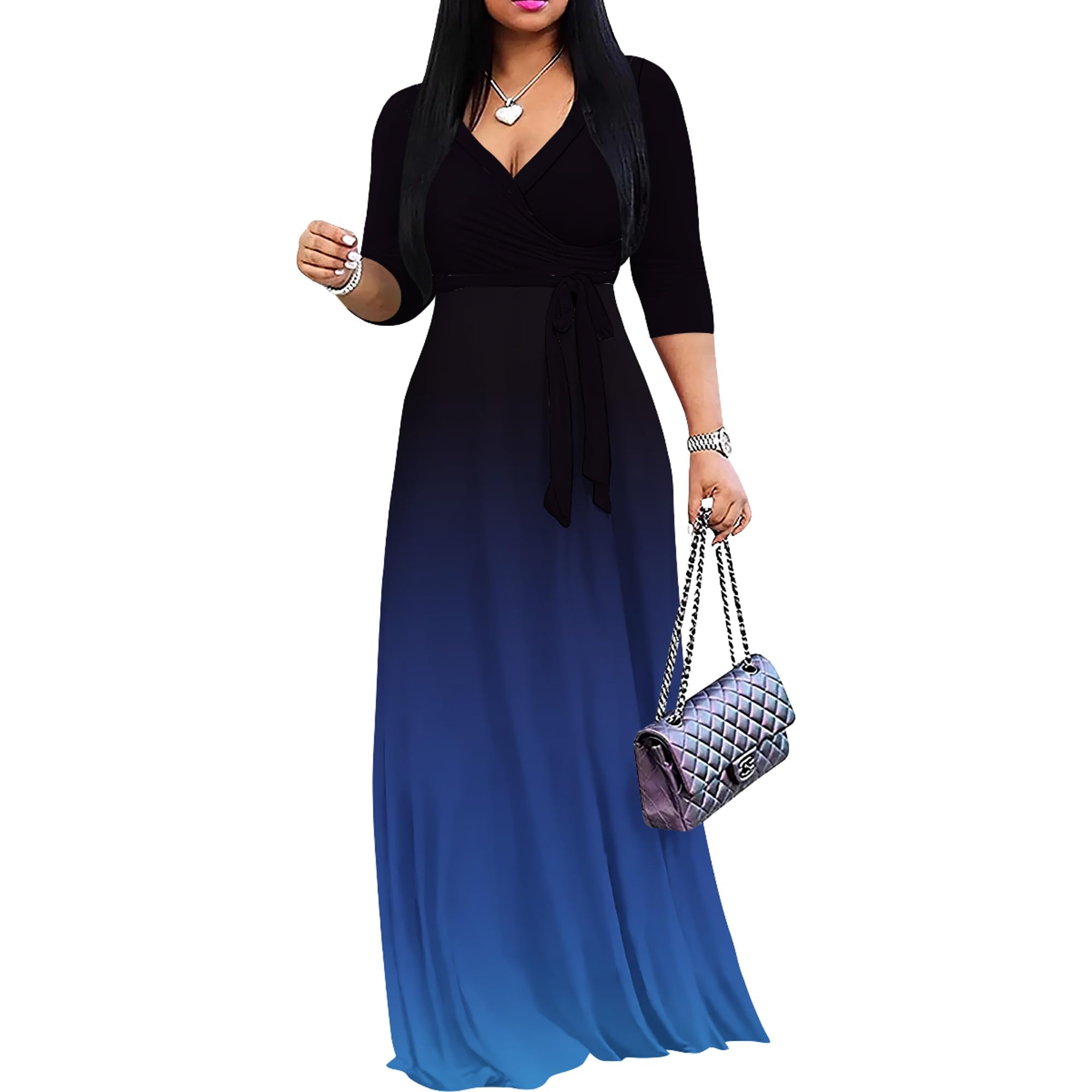Photo 1 of PinkPatty Women's Gradient Maxi Dress 3/4 Sleeves V Neck Cocktail Party Dress Belted Wrap Dresses?Gradients15 XL?