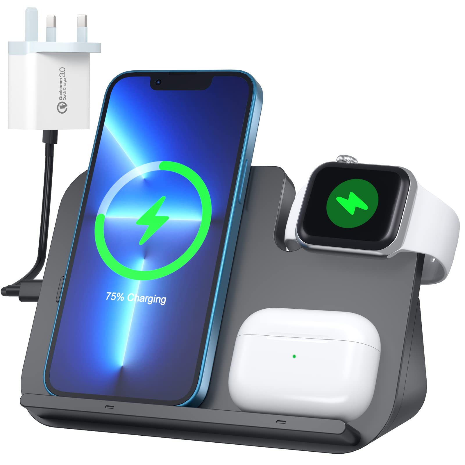 WIFORT 3 in 1 Wireless Charger, 15W Universal Qi Fast Induction Charger Compatible with iPhone 13/12/11 Pro Max/XR/XS/X/8/8Plus, Apple Watch 7/SE/6/5/4/3/2, AirPods 2/Pro, Samsung Galaxy S22/S21/S20