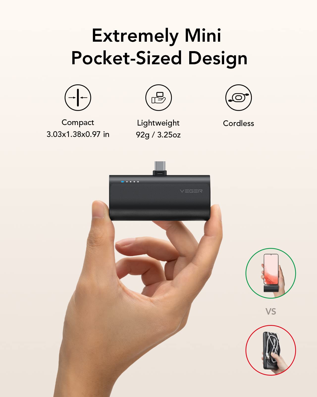 VEGER 2 Packs of USB C Portable Chargers, 5000mAh Power Bank Fast Charge Cordless Battery Pack Compatible for iPhone 15/16/16 Plus/16 Pro/16 Pro Max, Samsung Galaxy S25/S24/S23 Android