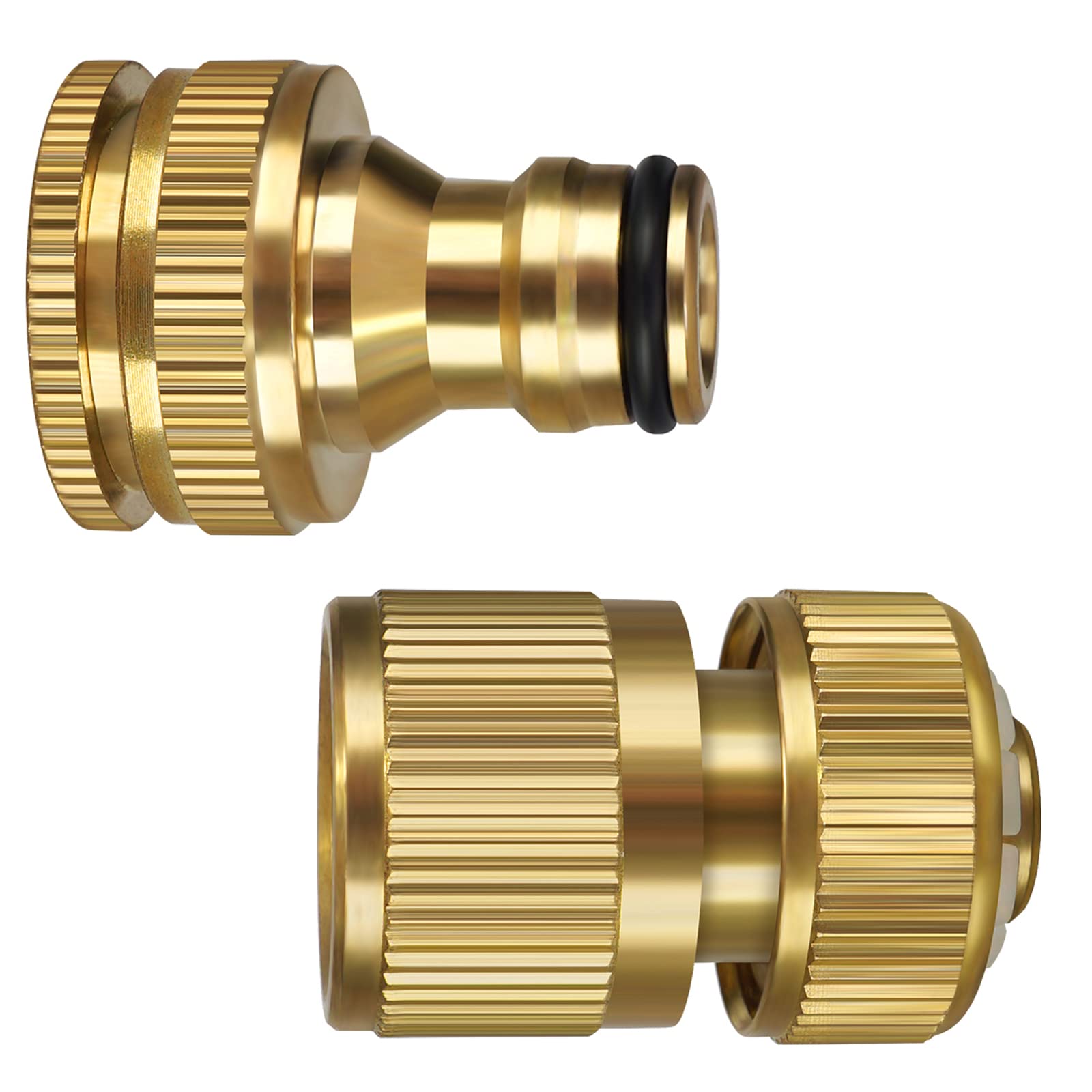 iBamso Garden Hose Connector, Solid Brass Garden Tap Connector, 1/2 Inch and 3/4 Inch 2-in-1 Faucet Connector, 1/2 Inch Quick Connect Garden Hose Fittings, Thread Easy Connect Faucet Adapter (2 Pack)