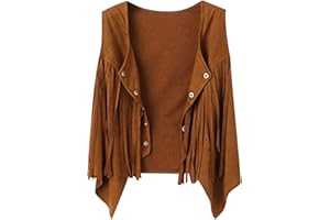 GENERIC Girls Vest Western Cowgirl Faux Suede Tassel Cropped Sleeveless Jackets Cute Hippie Fringe Outerwear Open Front Tops