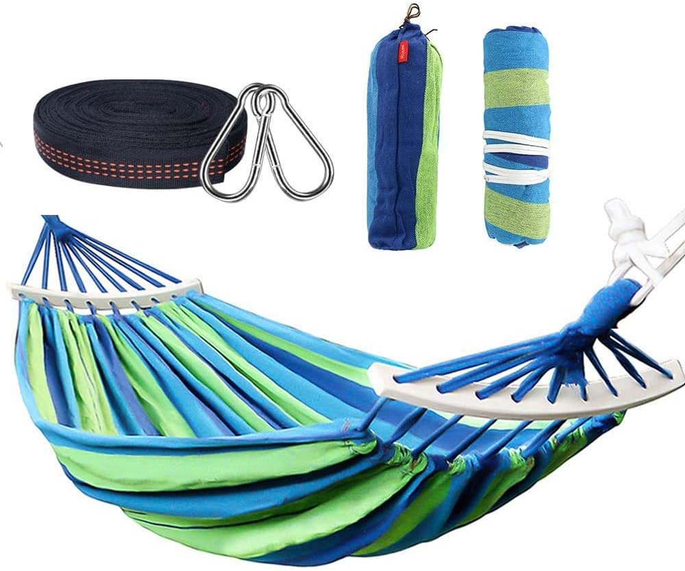 Rusee Double 2 Person Cotton Fabric Canvas Travel Hammocks 450lbs Ultralight Camping Hammock Portable Beach Swing Bed with Hardwood Spreader Bar Tree Hanging Suspended Outdoor Indoor Bed