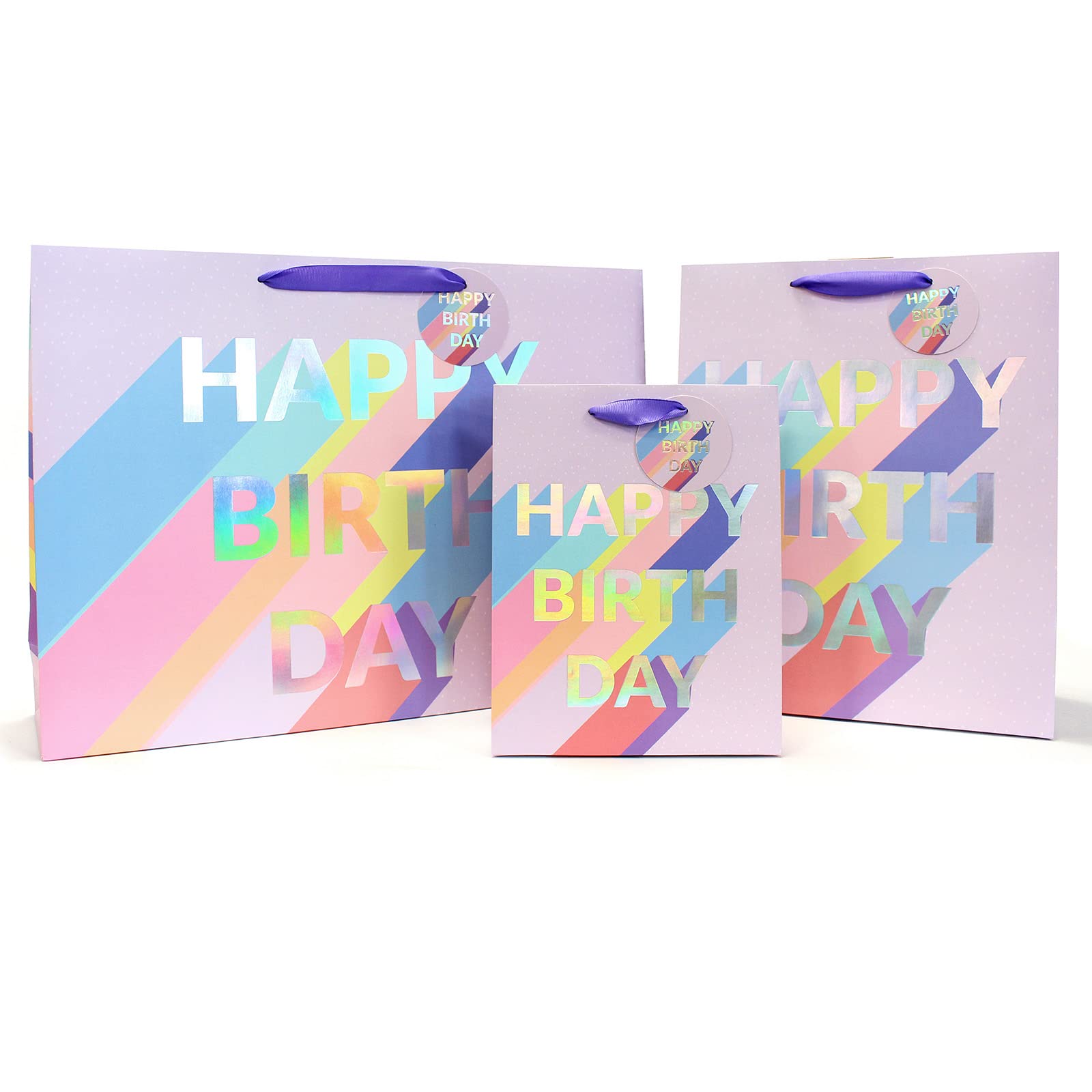 Birthday Gift Bag Assortment with Ribbon Handle 3 Pcs Premium Quality Assorted Sizes Paper Bags Set Small Medium and Large (Design 2)