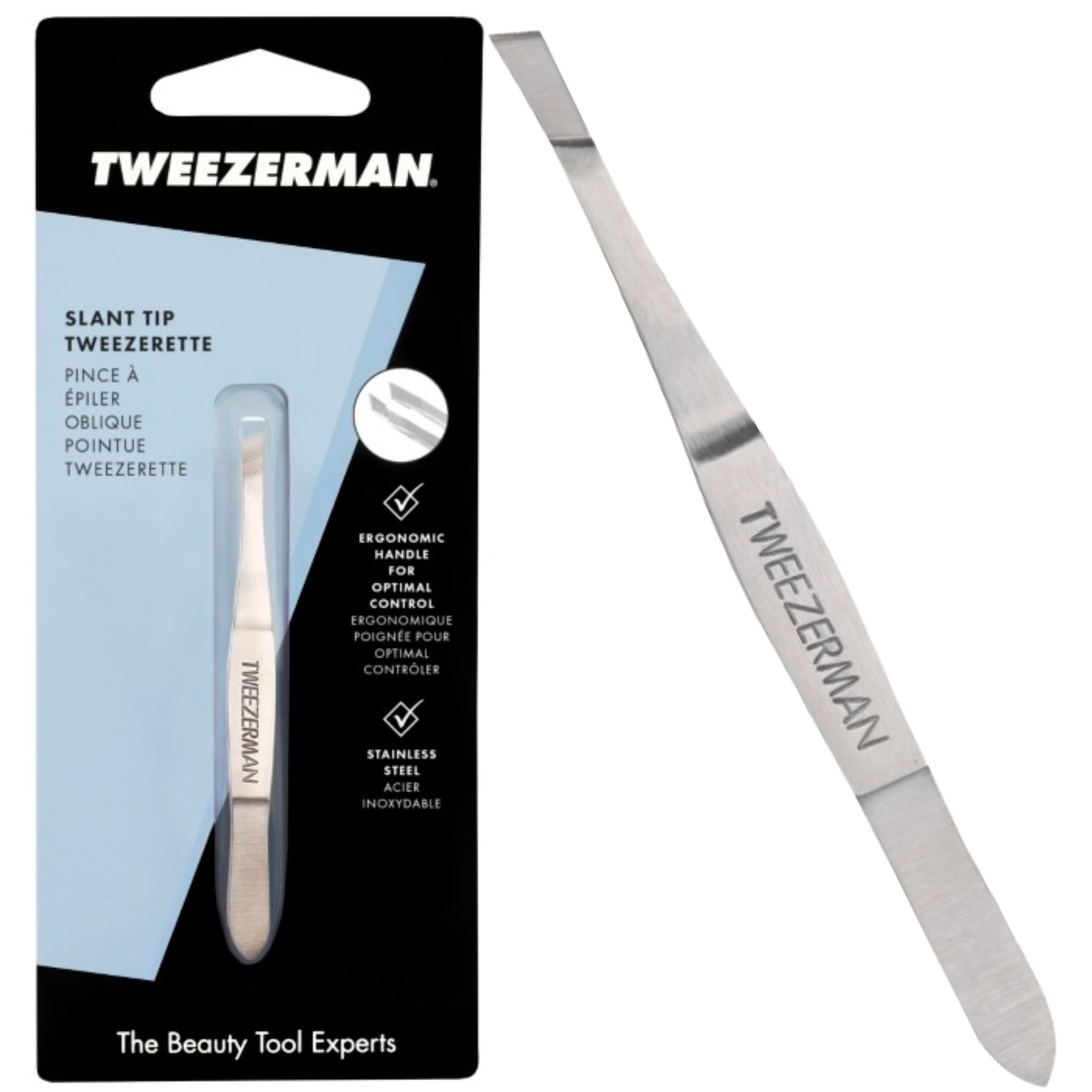 Tweezerman Slanted Tweezerette, Professional Stainless Steel Precision Tweezers for Facial Hair and Eyebrows, (Pack of 1)