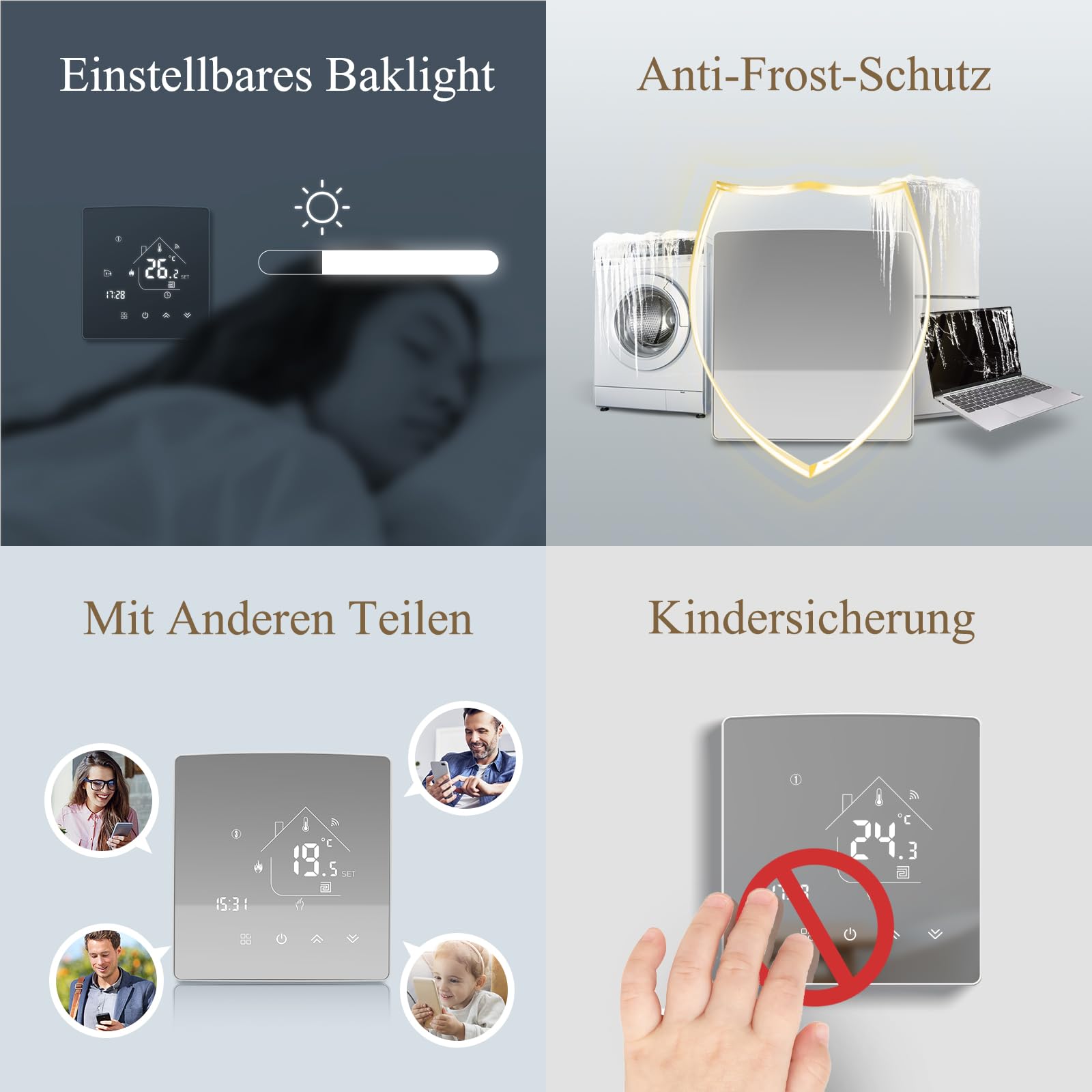 Beok Spiegel Thermostat Fussbodenheizung Smart, WiFi Raumthermostat Heizungsthermostat mit Digitales LCD Wandthermostat für Wasser Fußbodenheizung Kompatibel Tuya, Alexa,Google Home 3A TGR85WIFI-WP 5