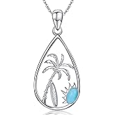 BETHZA Palm Tree Necklace 925 Sterling Silver Blue Larimar Gemstone Palm Tree and Surfboard Pendant Tropical Summer Beach Jewelry Gifts for Women