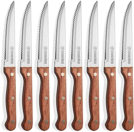 Amazon Com Steak Knife 8 Piece Wood Handle Steak Knives Built 5cr15mov Stainless Steel Hrc57 58 Hardness Razor Sharp Full Tang Not Dishwasher Safe Kitchen Dining