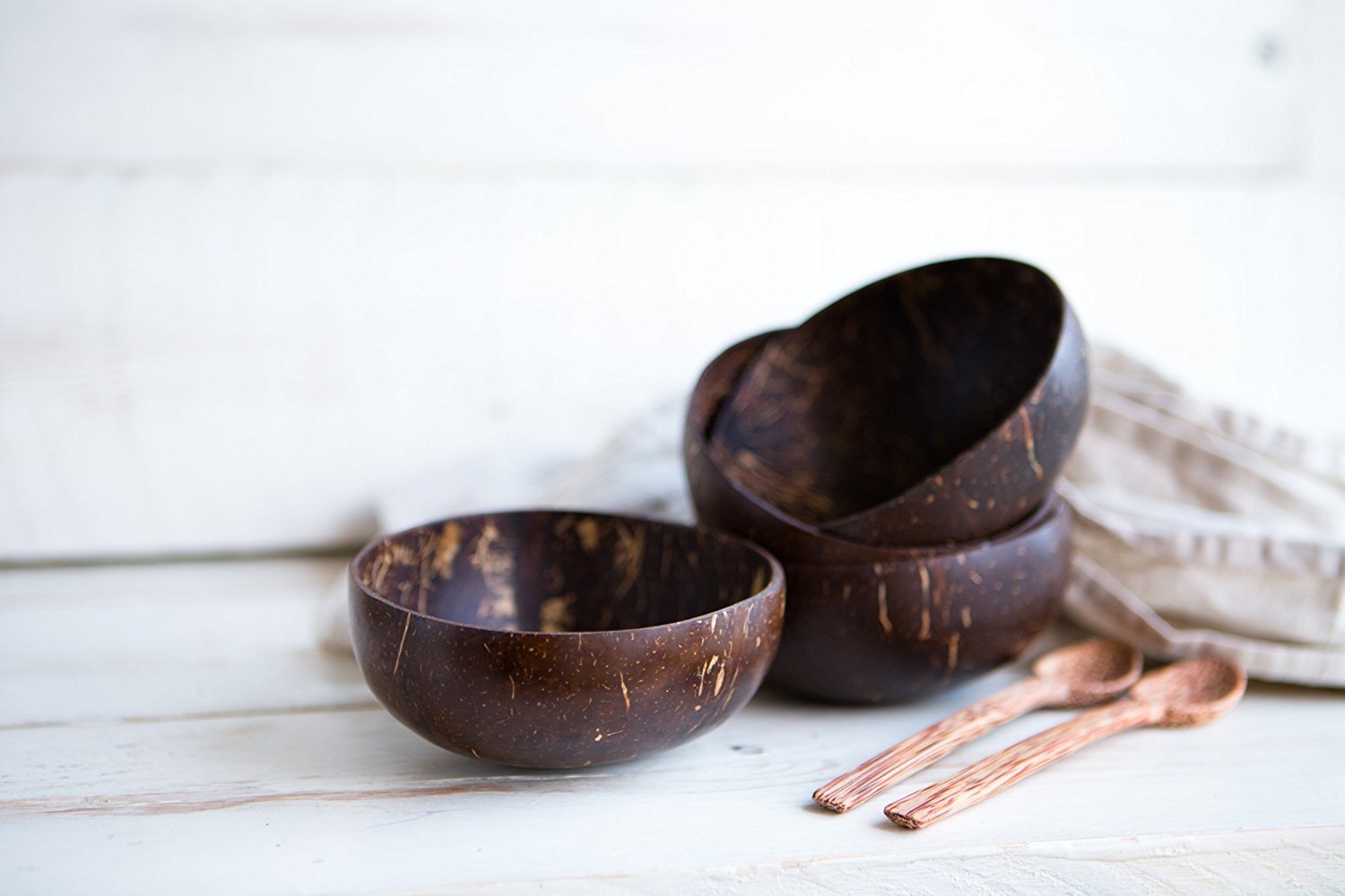 Natural Coconut Bowls and Spoons (set of 2) - Polished with Coconut Oil, Durable, Lightweight, Useful, Large Wooden Serving Bowl for Fruits or Salads, Breakfast, Decoration, Vegan Friendly
