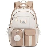 School Backpack for Teen Girls, 15.6in Laptop Bag Cute Bookbag Aesthetic for Middle High School Big Student College Women (Khaki Beige)
