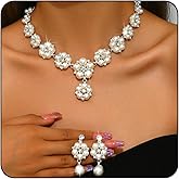 Janiasly Vintage Pearl Flower Necklace and Earrings Set Rhinestone Crystal Floral Wedding Jewelry Faux Pearl Drop Dangle Earrings Prom Party Bridal Accessories for Women