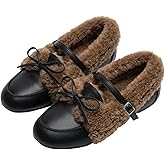 Silanway Women's Elegant Faux Leather Loafers, Faux Fur Lined Moccasin Flats with Bow & Buckle, Warm Comfortable Slip-On for Fall Winter