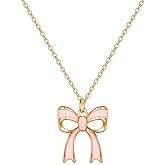 Plikin Pink Bow Necklace for Women Cute Bow Tie Pendant Coquette Necklace 14K Gold Plated Chain Necklace Ribbon Jewelry Gift