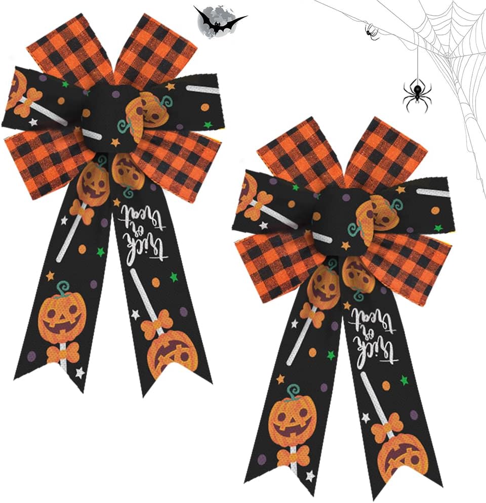 Bows & Ribbons - Estivaux 2 Pieces Halloween Bows for Wreath, Halloween Pumpkin Wreath Bows Orange Black Buffalo Plaid Bows Trick or Treat Candy Bow Black Burlap Bows for Front Door Halloween Decorations Suppies