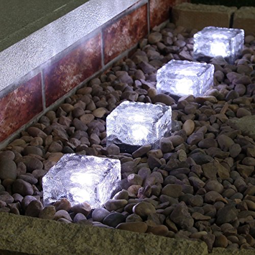 TECBOX Solar Garden Brick Light，Creative Ice Cube Lights Color Changing Waterproof LED Frosted Glass Brick Rock Lamp In-ground Buried Lights for Outdoor Bar Path Pond Home (White 4PCS)