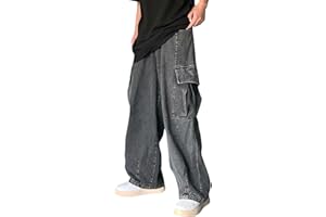 Mens Retro Sag Loose Wide Leg Casual Large Pocket Cargo Denim Wash Daddy Pants