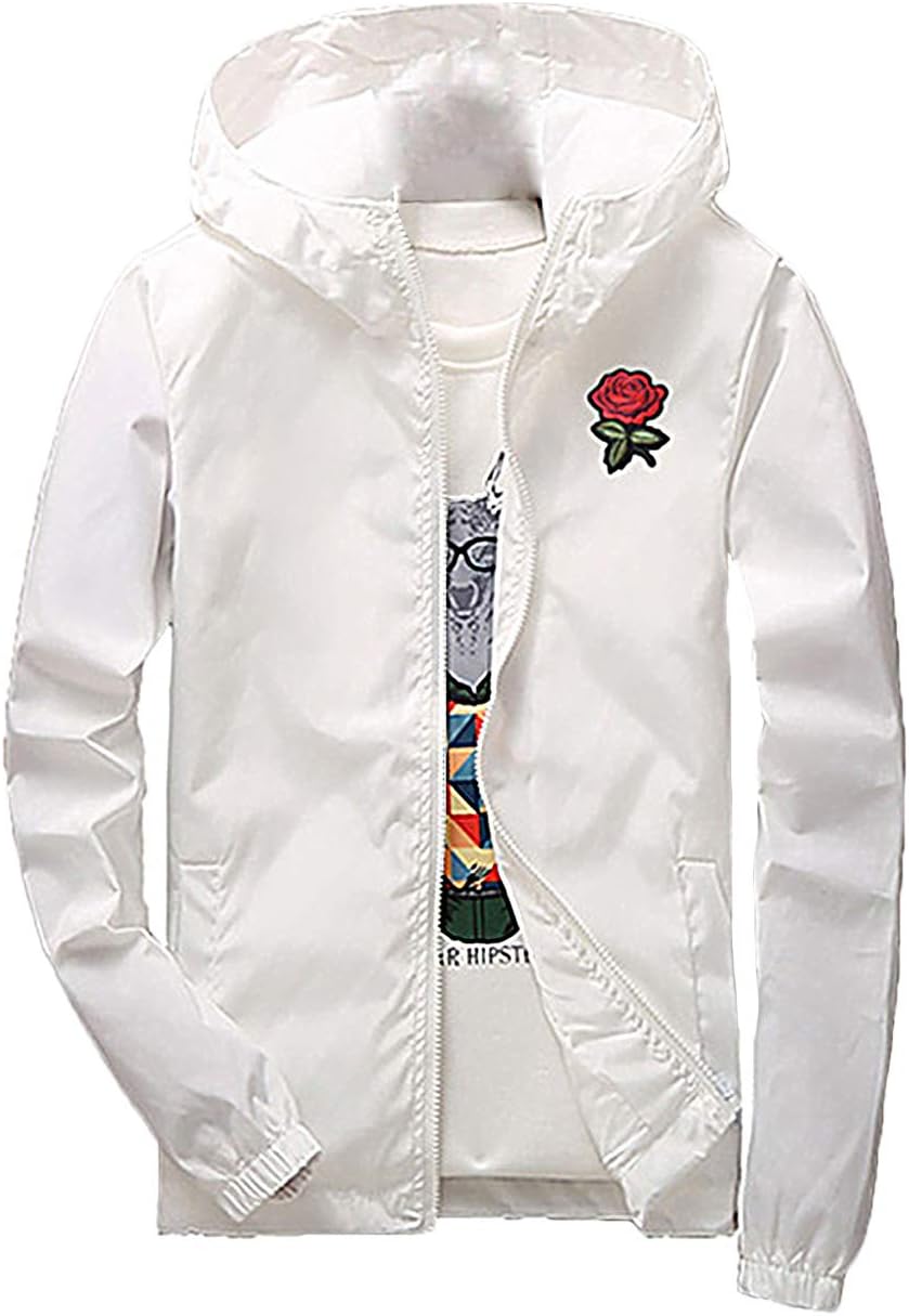 Men's Rose Floral Windbreaker Hooded Jacket Lightweight Casual Full Zip Flower Coat