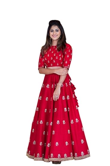Girls Banglory Silk Heavy Work Lehenga Choli (YF-5, Red, 46 Wx 34 L)