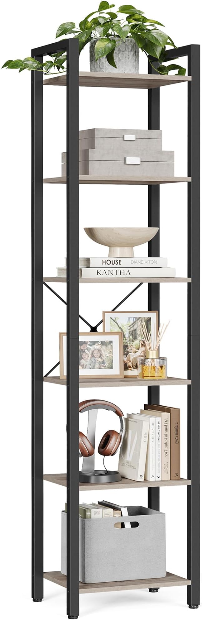 VASAGLE 6-Tier Bookshelf 30 x 40 x 187.5 cm Industrial Heather Greige Ink Black