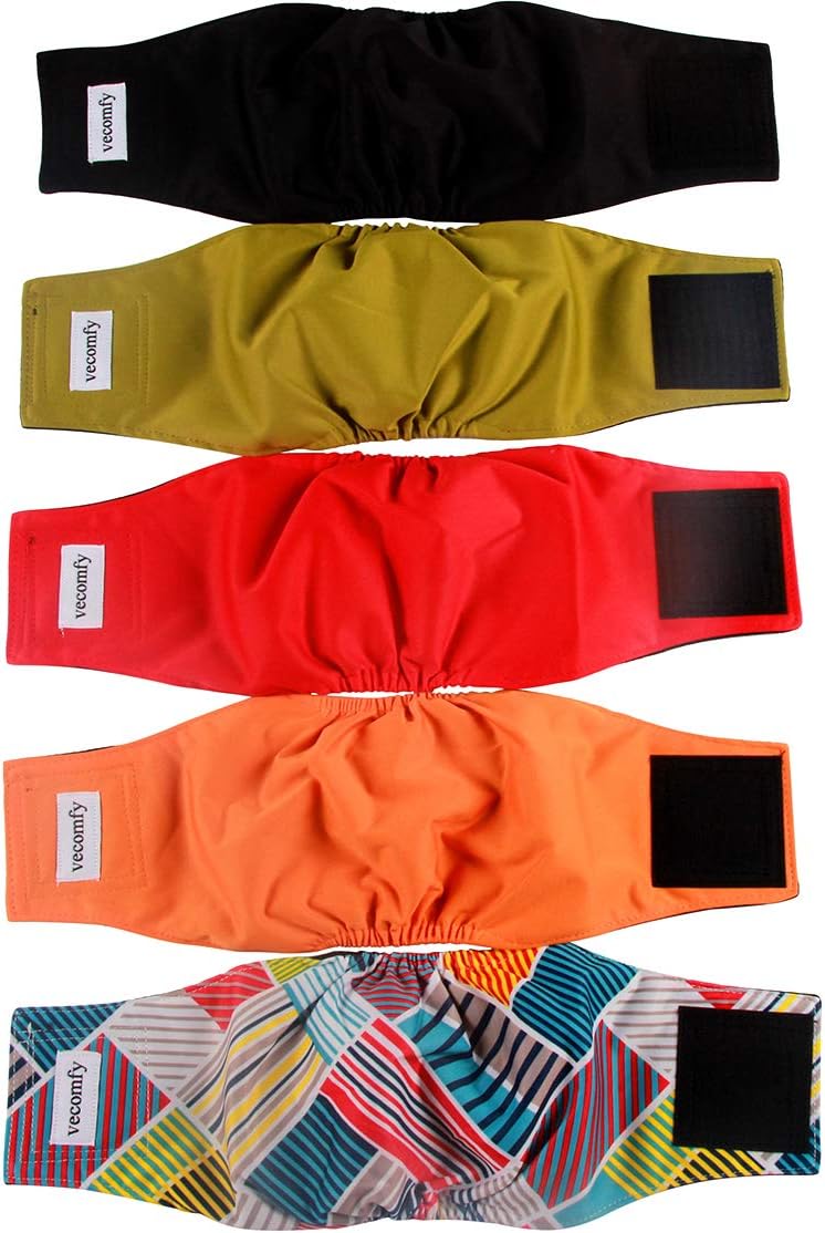 Vecomfy Belly Bands for Male Dogs Diapers(5 Pack),Premium Black Mesh Lining Small Dog Belly Wrap Leakproof Washable Reusable Doggie Diapers,M