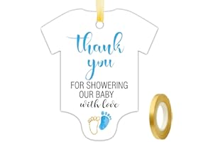 EKSPLODI 50 PCS Thank You for Showering Our Baby with Love Tags, Cute Blue Little Feet Thank You Tags, Baby Onesie Shaped Gift Tags, Baby Shower Favor Tags, Baby Shower Birthday Party Favor Decorations.